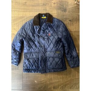 Polo Ralph Lauren Boys Navy Blue Quilted Barn Jacket Corduroy Collar Red